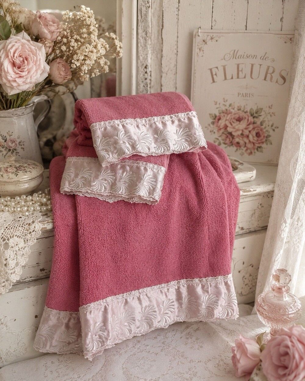 Vintage Southern Textiles 3 Towels/ Fingertip Towels Pink White Satin Lace